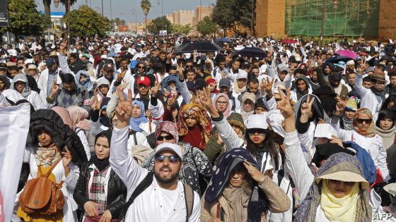Moroccan public school teachers take part in a demonstration in the capital Rabat on February 20, 2019. - Moroccan security forces fired water cannon at public school teachers demonstrating in Rabat and wielded batons to block their route to the royal palace, injuring dozens, AFP correspondents said.
The demonstrators gathered in central Rabat holding up banners that read "no to fixed-term contracts" and "no to the dismantling of public schools", before some protesters decided to march on the royal palace. (Photo by - / AFP)